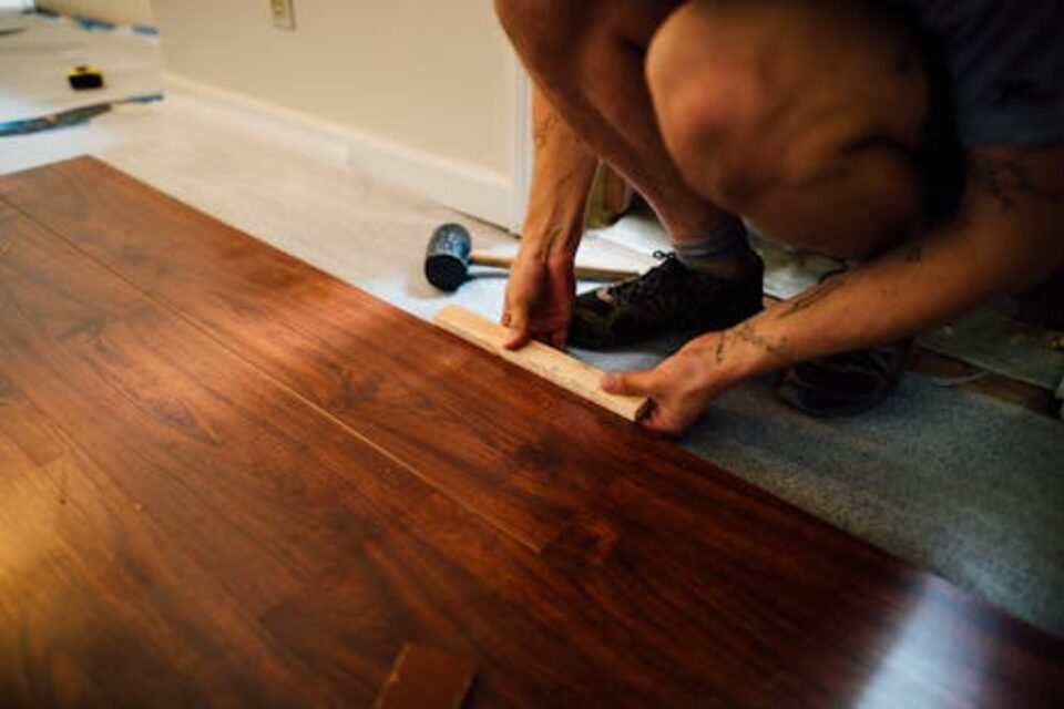 Wood flooring installation close-up